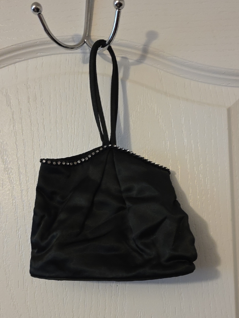 Valerie Stevens Black Satin Evening Tote with Crystal Trim